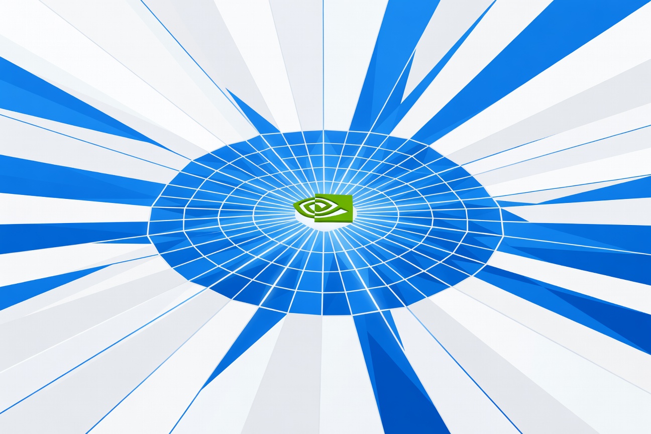 A glowing blue geometric grid expands outward from a central NVIDIA-green node, representing an enterprise AI governance network
