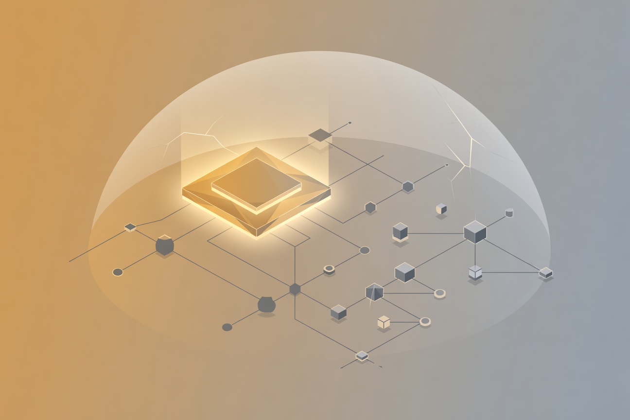 A massive GPU chip casting a protective dome of light over a network of small autonomous robot agents below