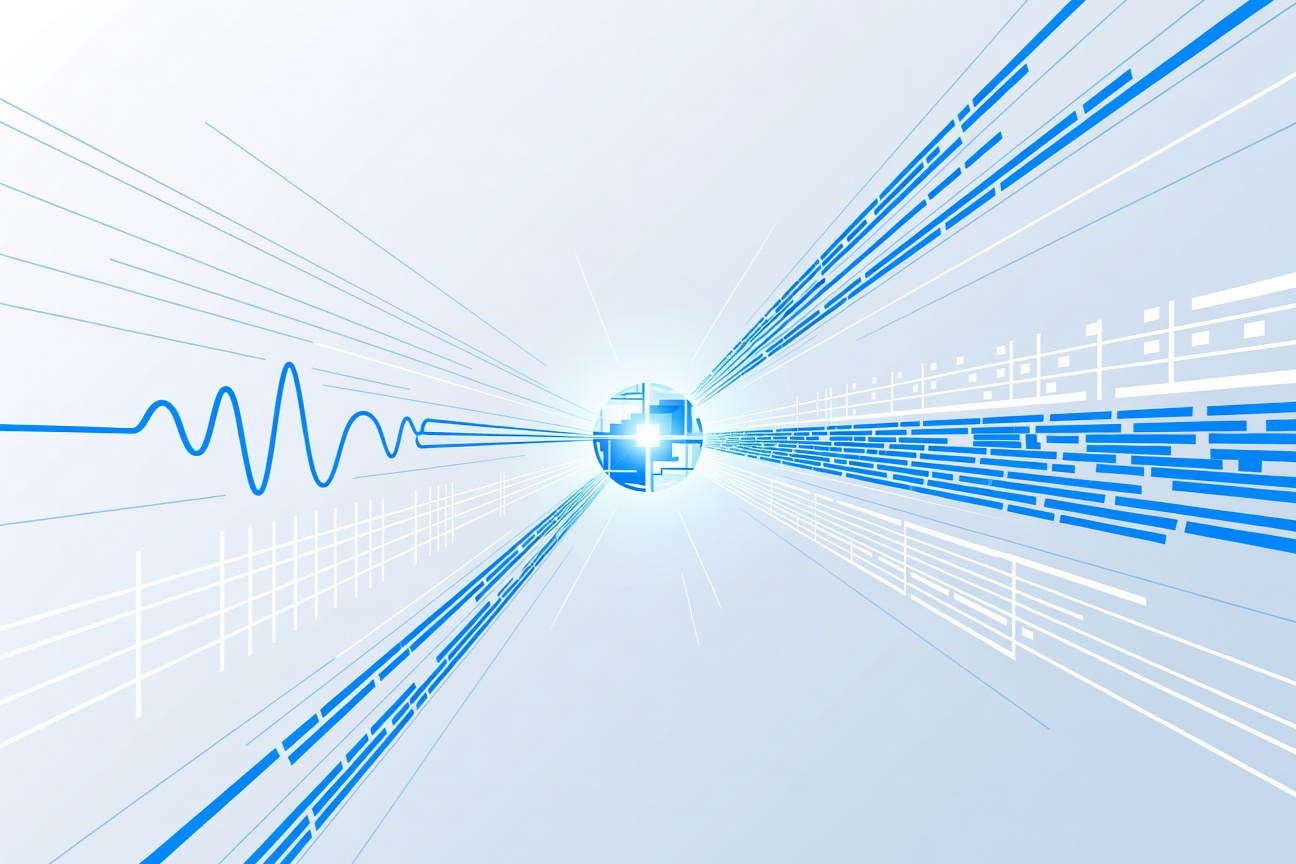 Abstract neural network with nodes representing vision, audio, and language streams converging into a single pipeline