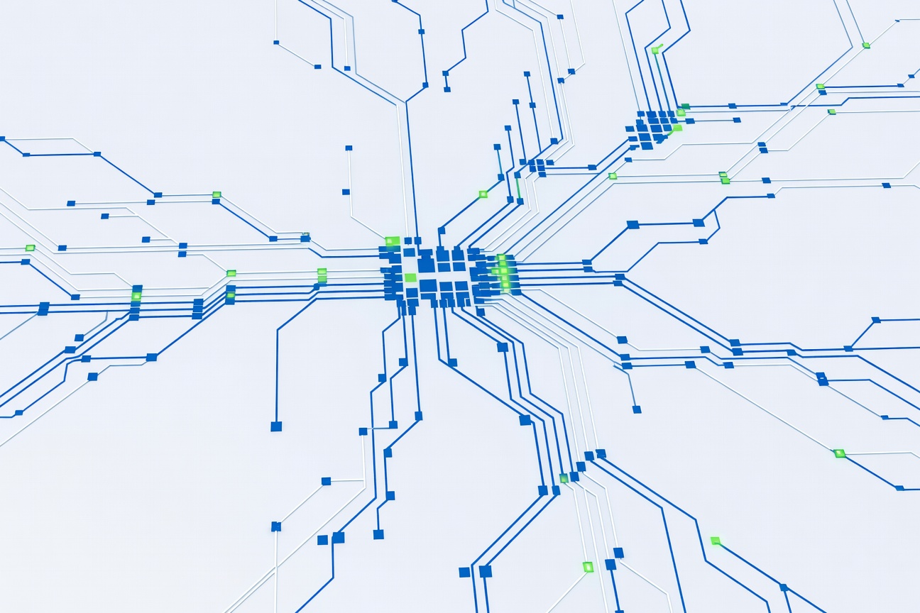 A glowing neural network graph with branching nodes representing massive parallel AI compute