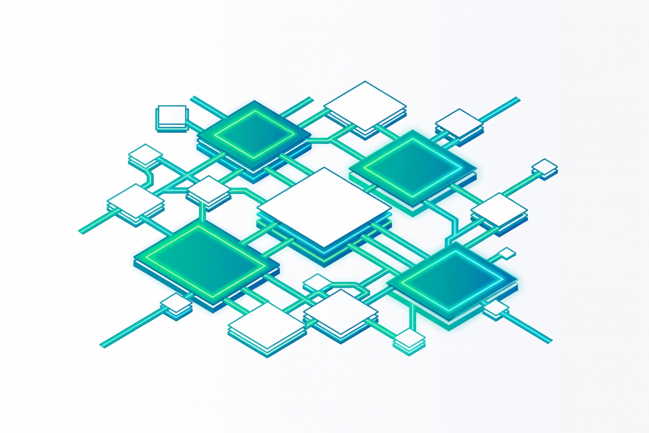 An abstract geometric chip design with interconnected node paths, glowing teal and green, representing on-device AI hardware and sandboxed security layers