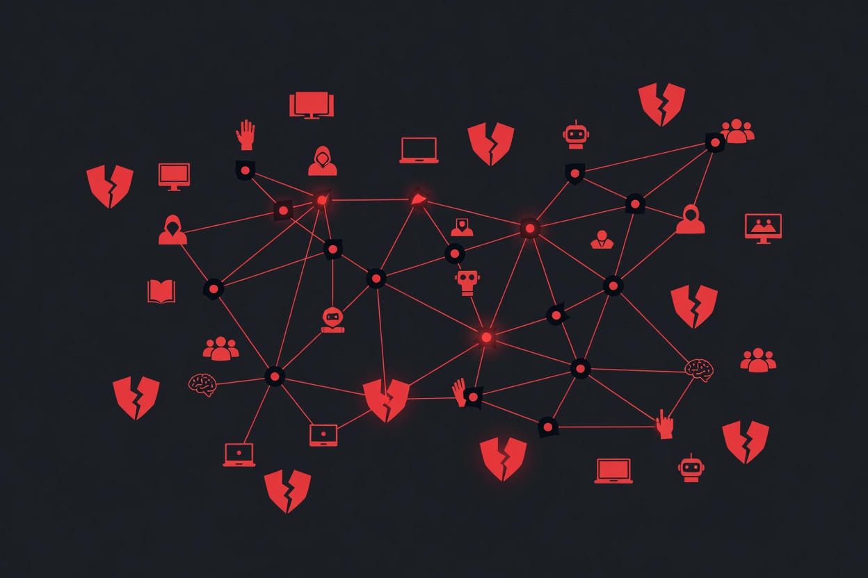 A red abstract network graph with broken shield icons scattered across dark nodes, representing compromised security in an interconnected system