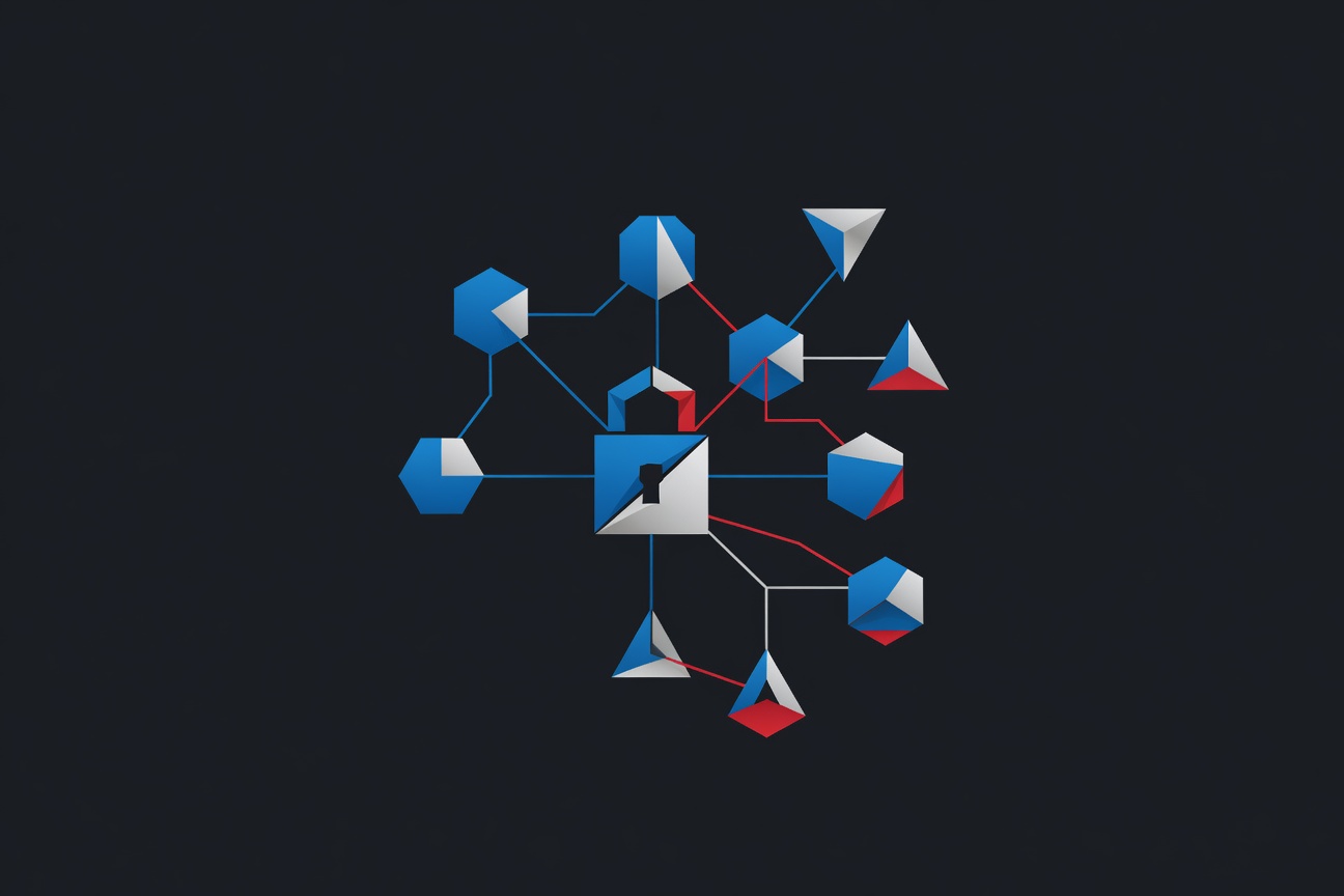 An abstract lock symbol surrounded by branching identity nodes — representing secure access management for non-human AI agents in enterprise systems