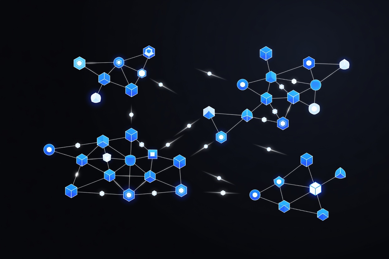 A network of glowing geometric nodes exchanging luminous tokens in a dark abstract digital space