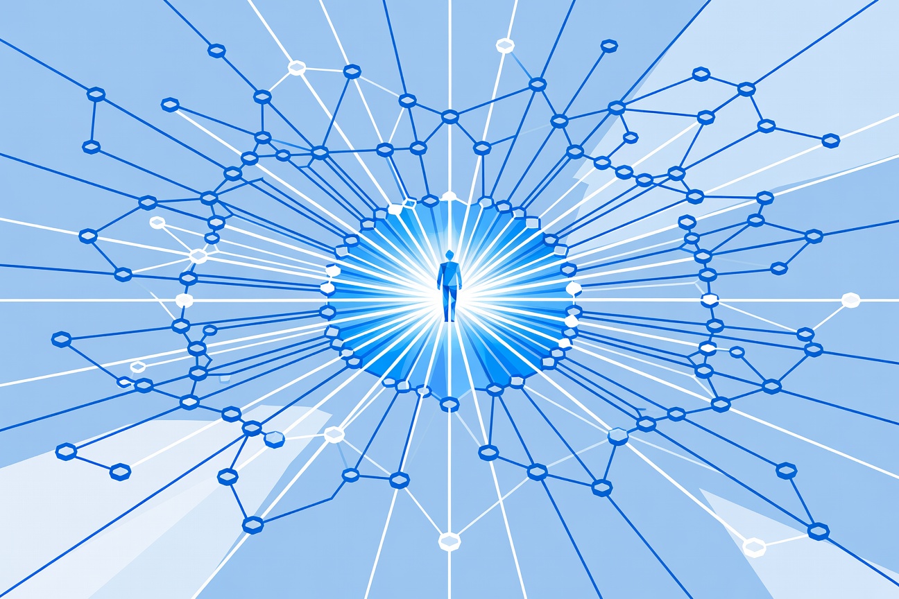 A single glowing figure standing at the center of an enormous expanding network of automated processes and tools, symbolizing a solo founder powered by AI agents
