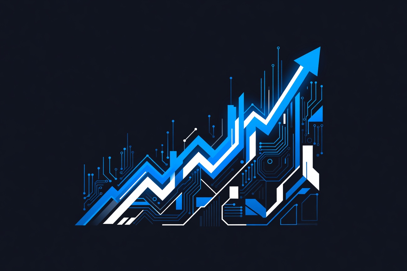 An enormous glowing financial graph climbing steeply upward, surrounded by circuit board patterns representing AI infrastructure investment