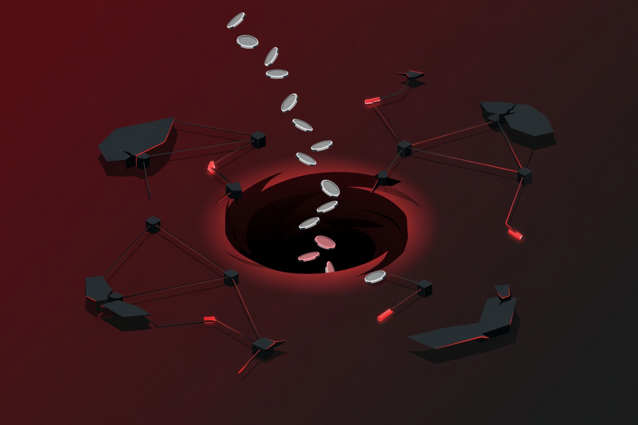 Abstract visualization of coins draining into a glowing black void, surrounded by fragmented network nodes