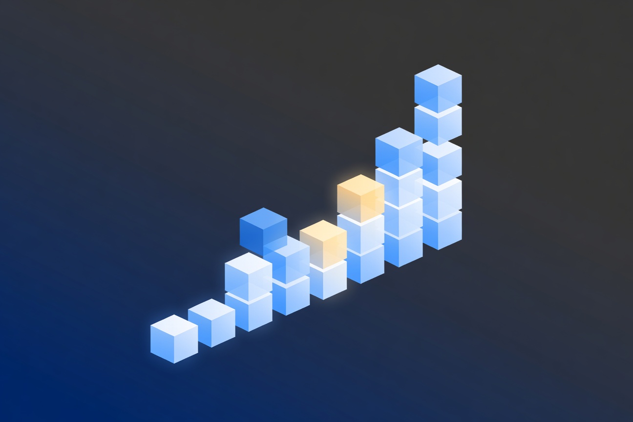 Upward-trending abstract bar chart composed of glowing geometric blocks, minimal corporate visualization on dark gradient