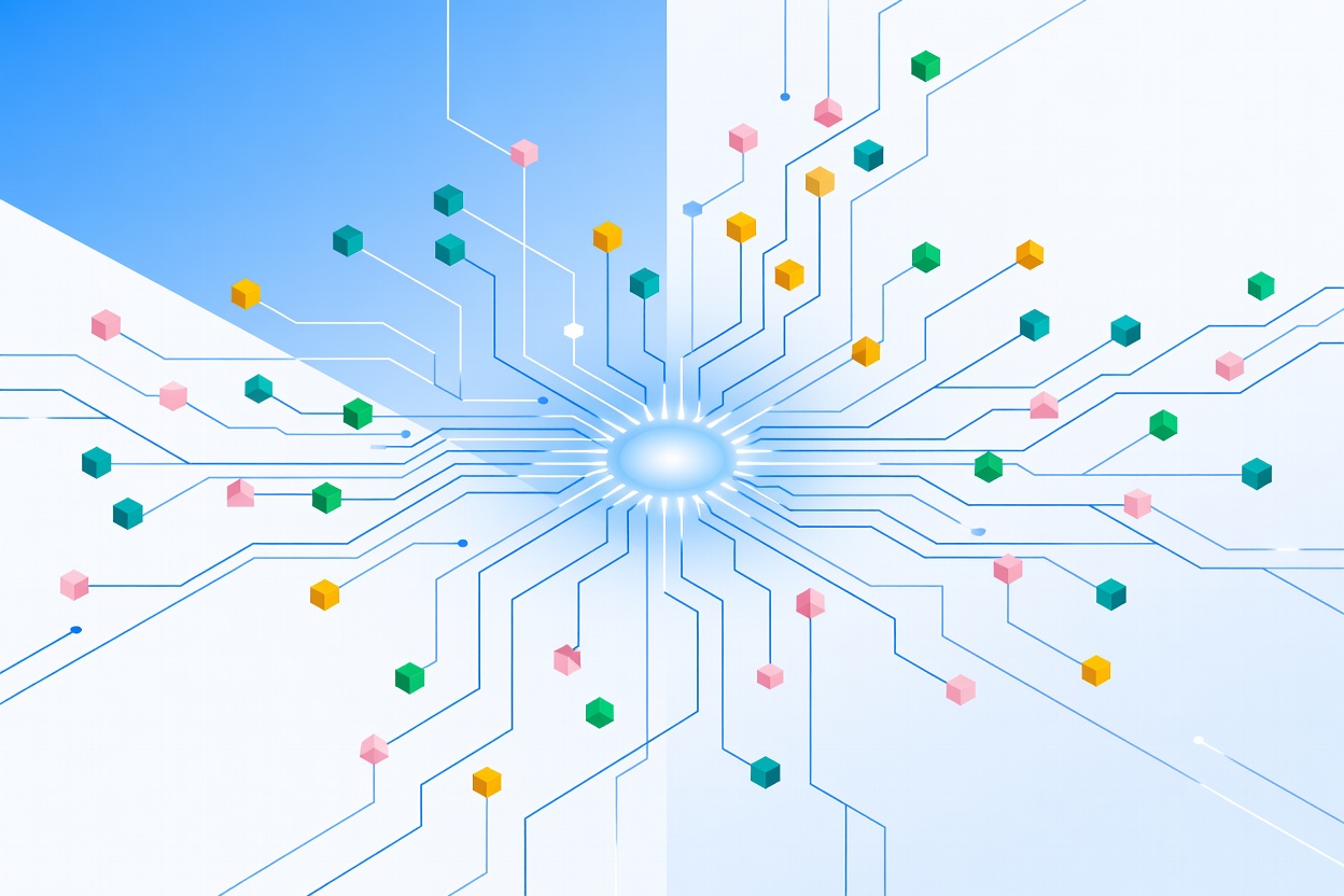 A branching network of colorful nodes representing different job functions all converging on a central AI agent hub