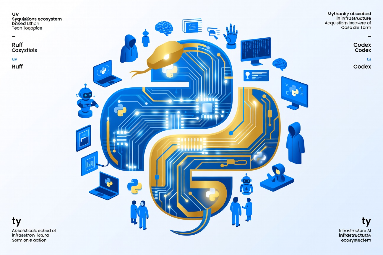 Abstract golden snake coiling around a sleek circuit board, symbolizing Python tools absorbed into a larger tech ecosystem