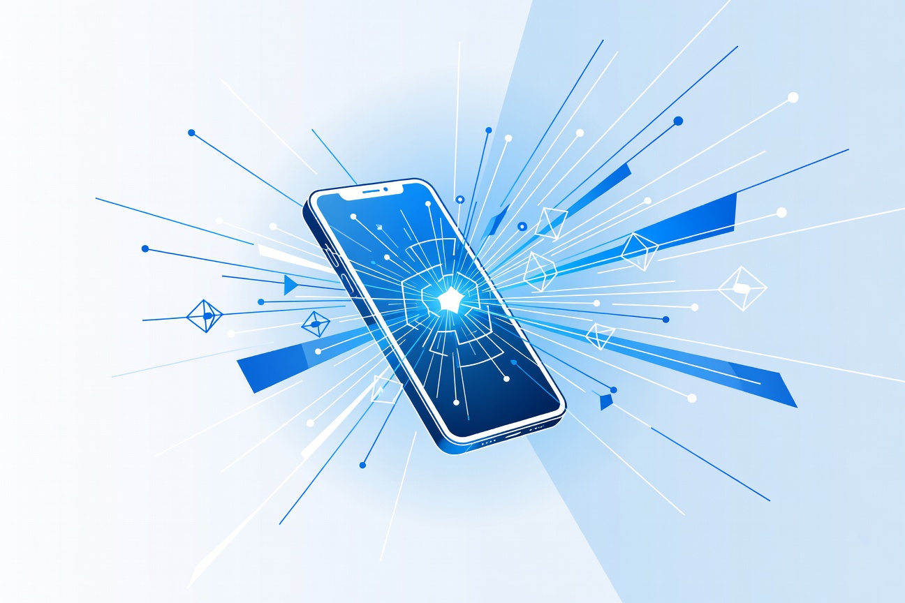 A sleek futuristic smartphone floating in mid-air with glowing neural network lines emanating from it, abstract minimal style