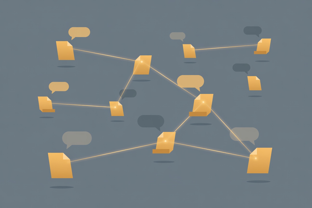 A glowing library of floating documents connected by light beams across separate conversation bubbles