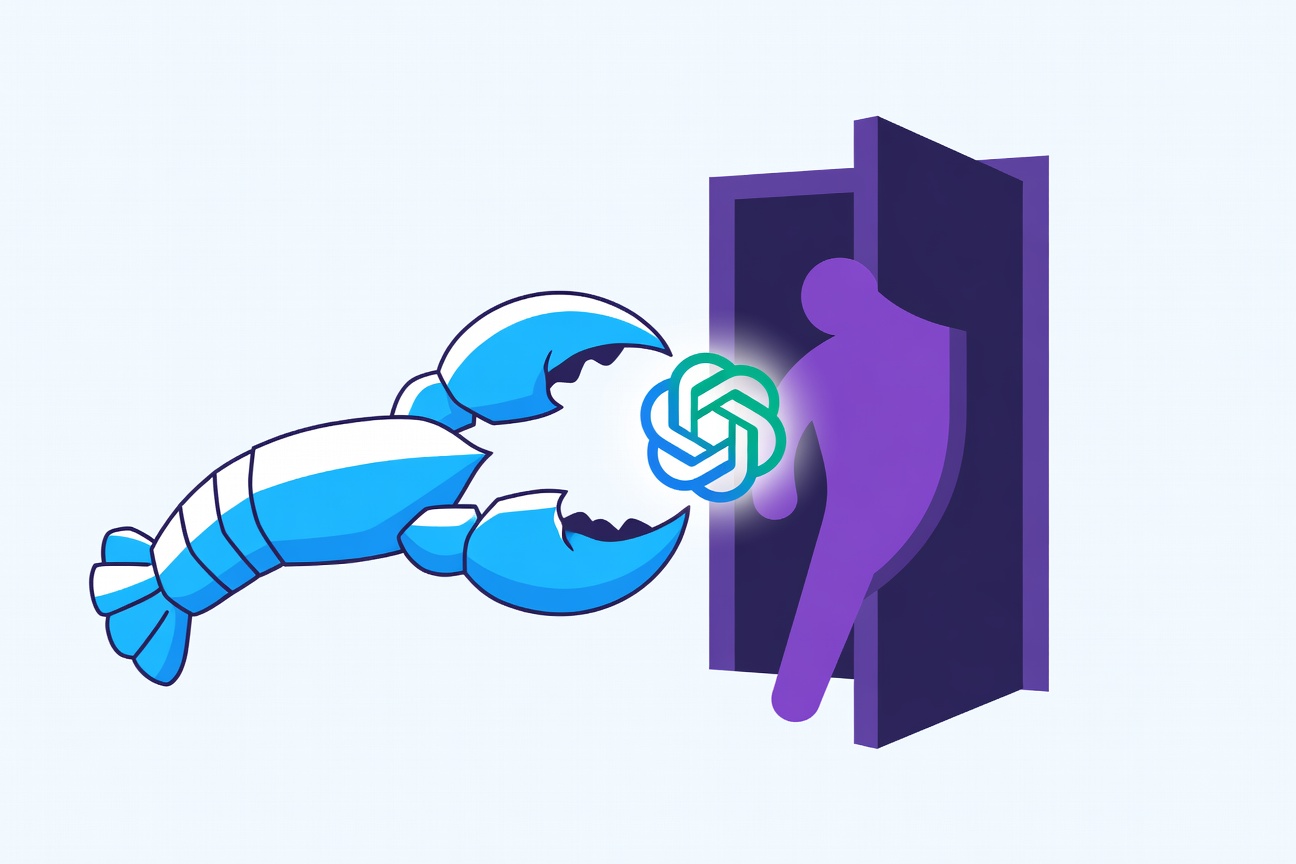A lobster claw reaching toward a glowing ChatGPT logo while a door slams shut on a purple Anthropic-colored shield in the background
