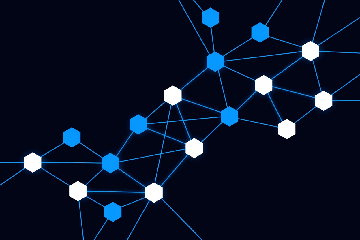 Abstract interconnected nodes forming a workplace productivity network, glowing blue on dark background, no people or screens