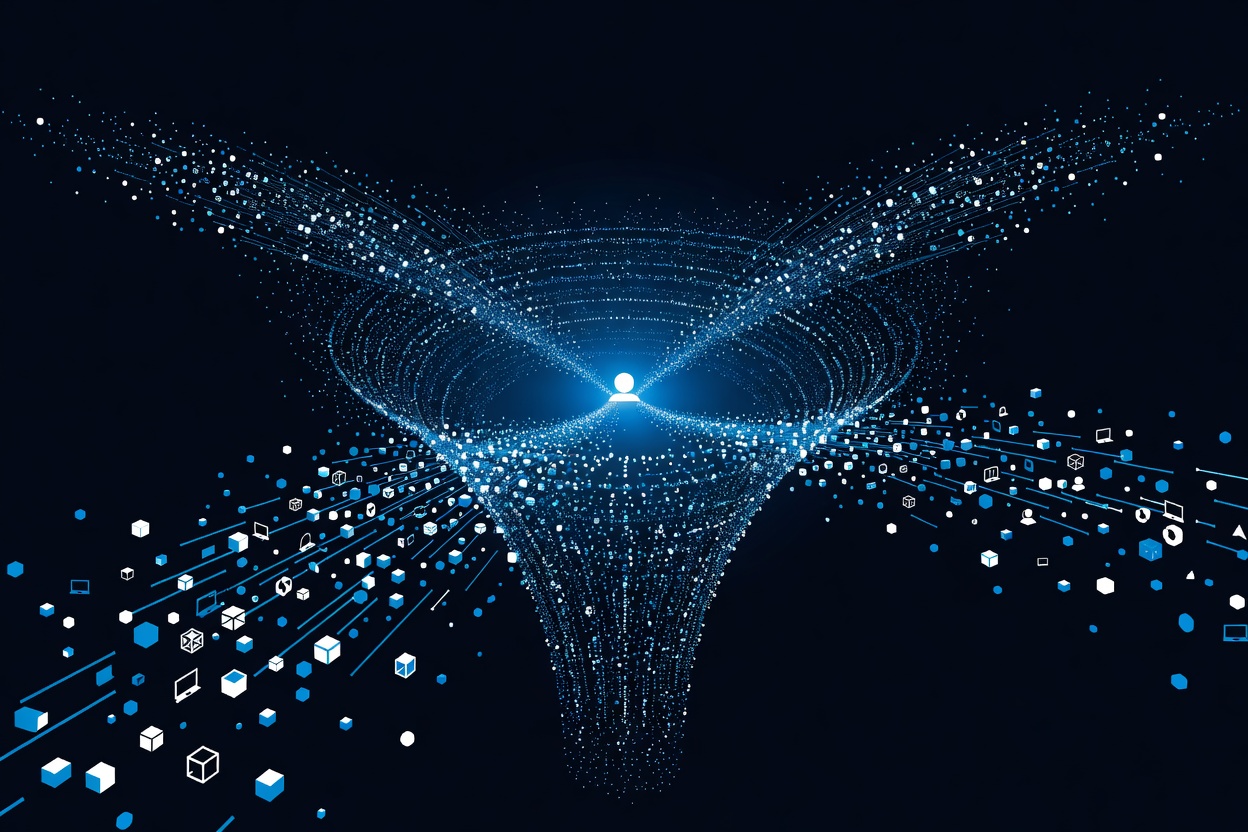 Abstract visualization of a massive data flow being routed through a single intelligent node, representing 99.8% of knowledge work passing through an AI agent