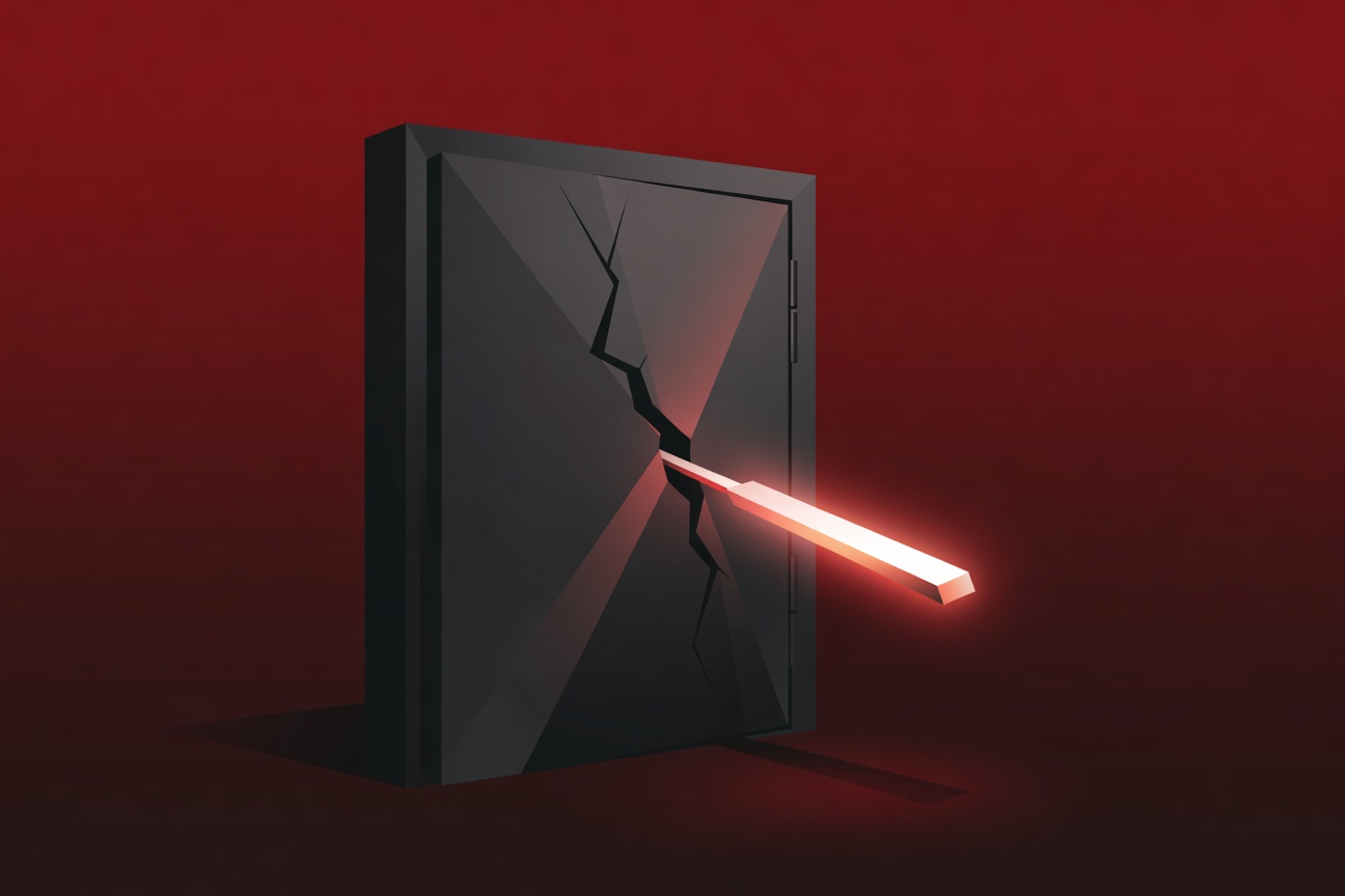 A cracked vault door exposing a glowing GitHub token being pulled through a code injection needle