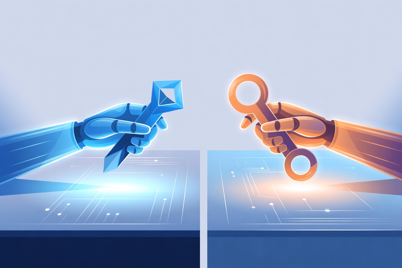 Two glowing robotic arms reaching toward each other across a split digital workspace, one blue one orange