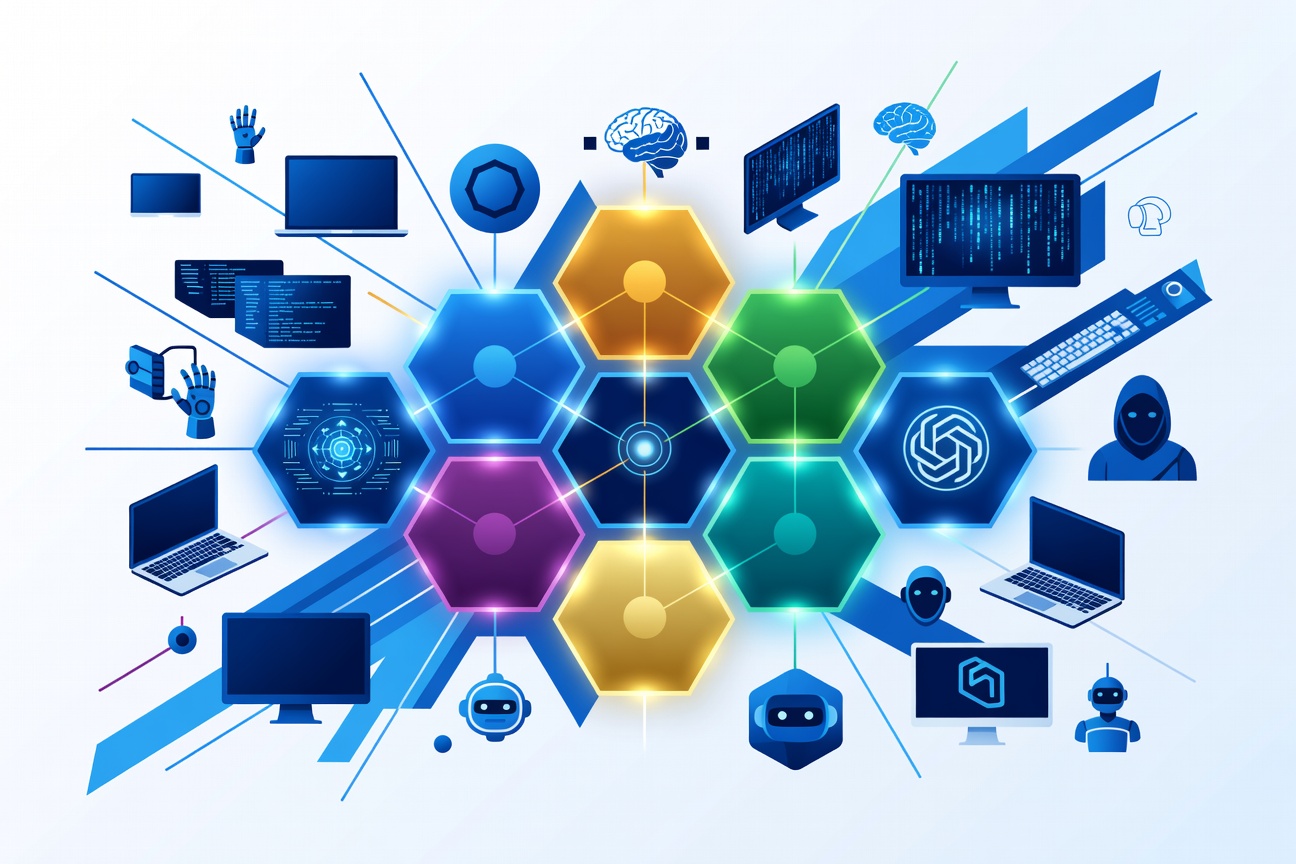 Abstract glowing hexagonal grid with six colored cells representing distinct professional workflow domains
