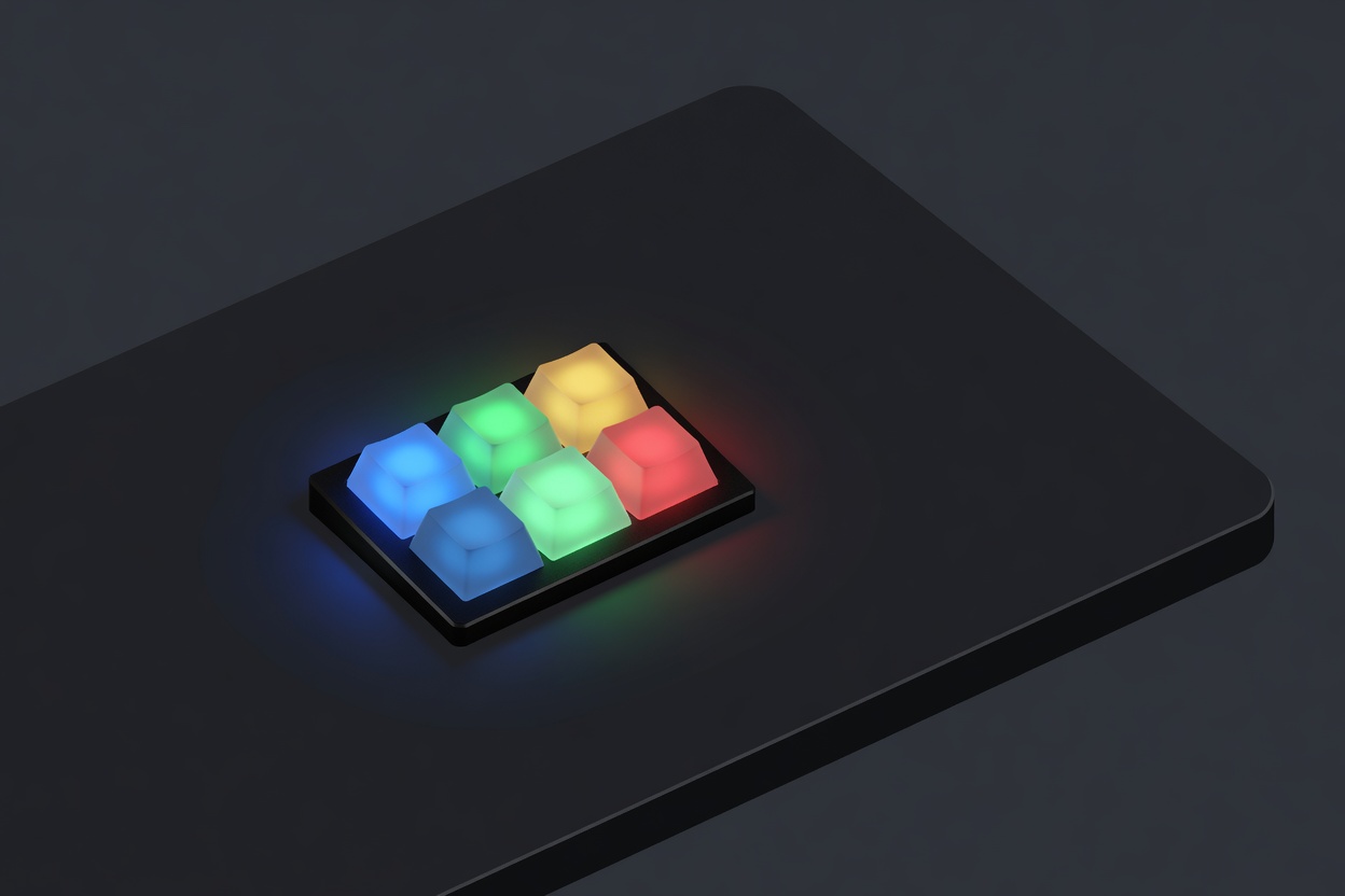 Abstract illustration of a compact macro pad with six glowing RGB keys in different status colors against a dark workbench surface