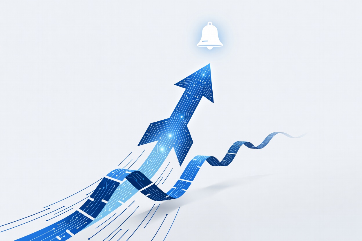 A rocket-style upward arrow chart made of circuit board traces launching through a stock market ticker tape toward a glowing IPO bell