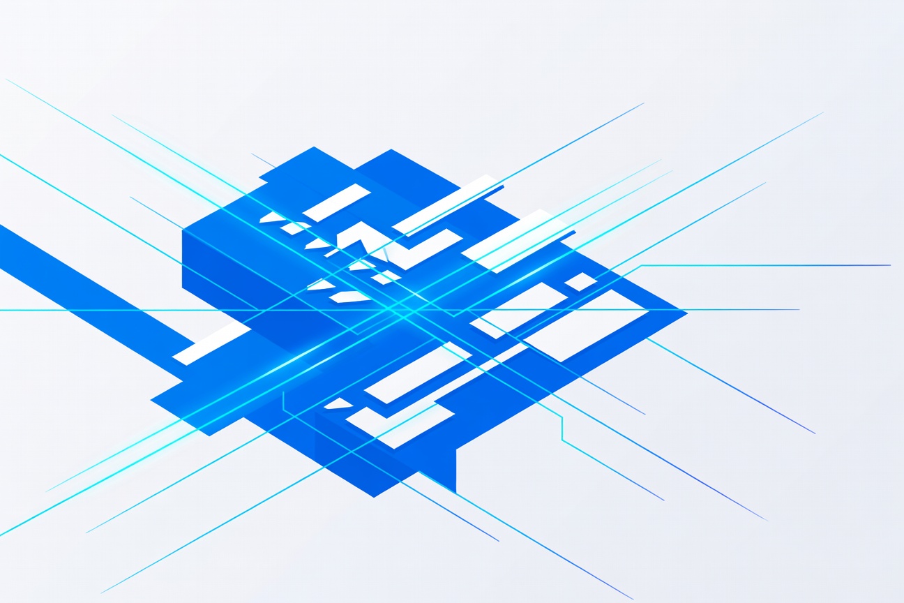 A robotic sentinel scanning lines of code in a dark blue digital environment, glowing vulnerability markers highlighted in amber
