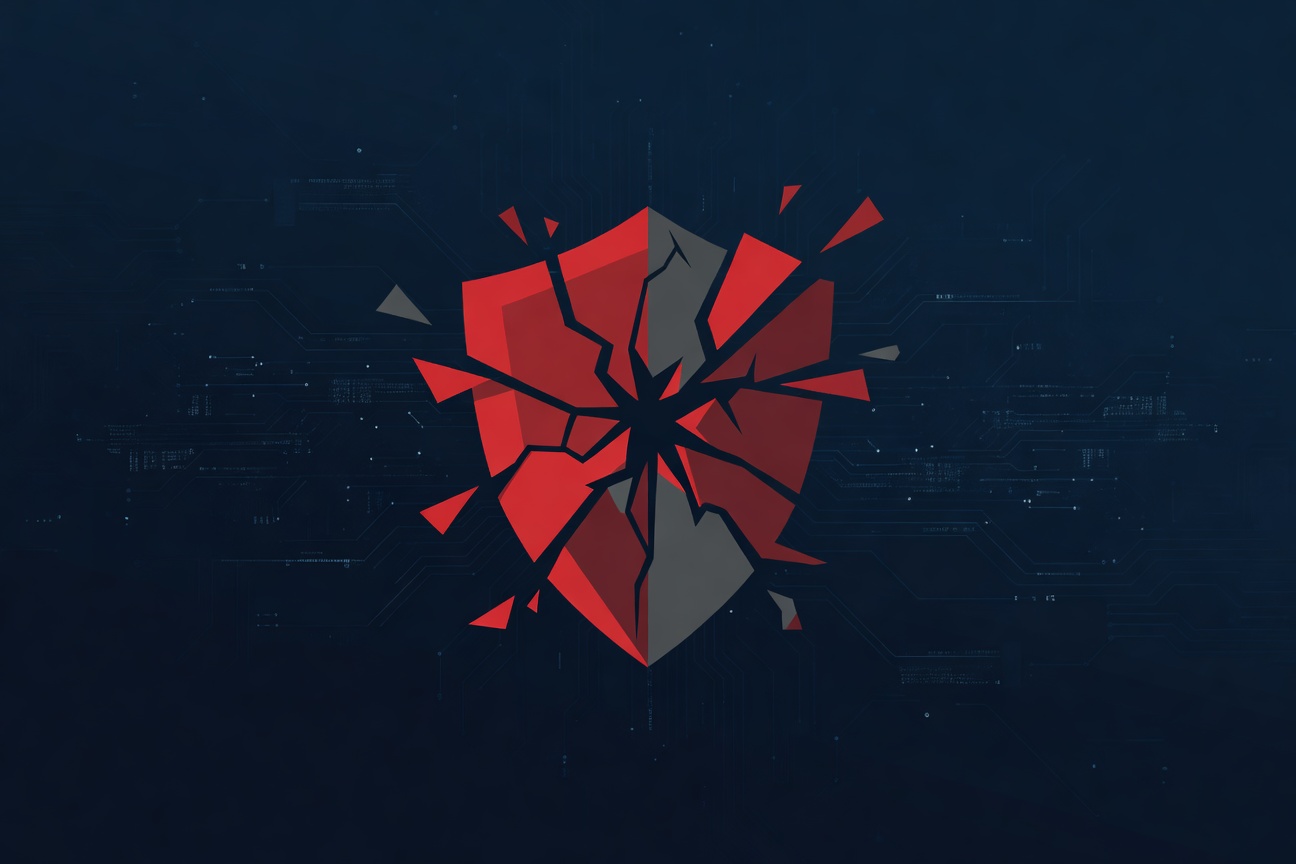 A cracked digital shield fragmenting against a dark blue circuit-pattern background