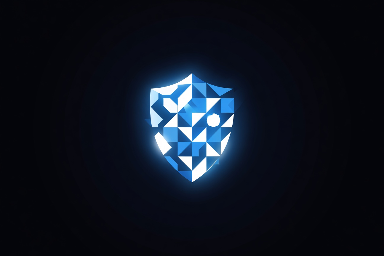 A glowing geometric shield made of interlocking code fragments emerging from dark digital space