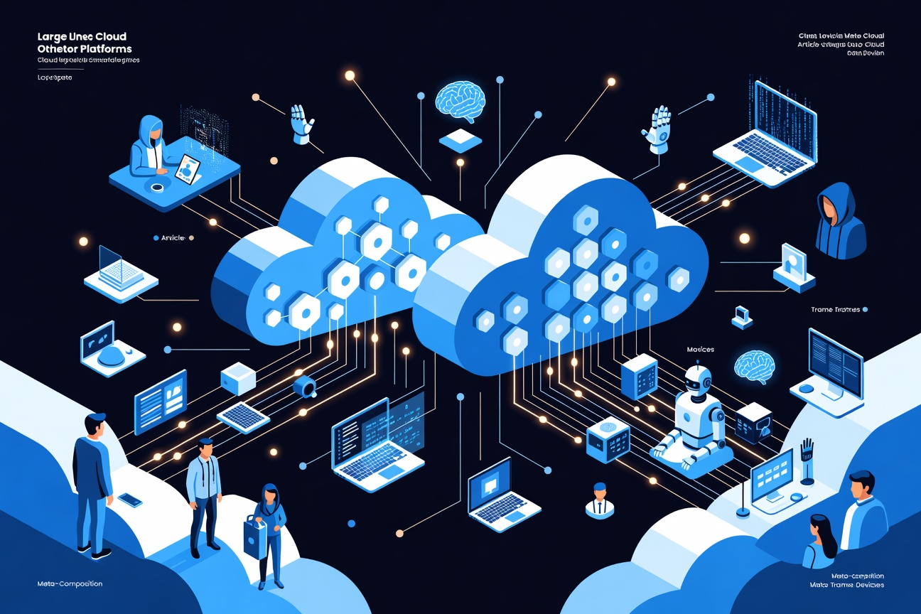 Abstract interconnected geometric network of glowing nodes on a dark background, symbolizing cloud infrastructure and AI model integration