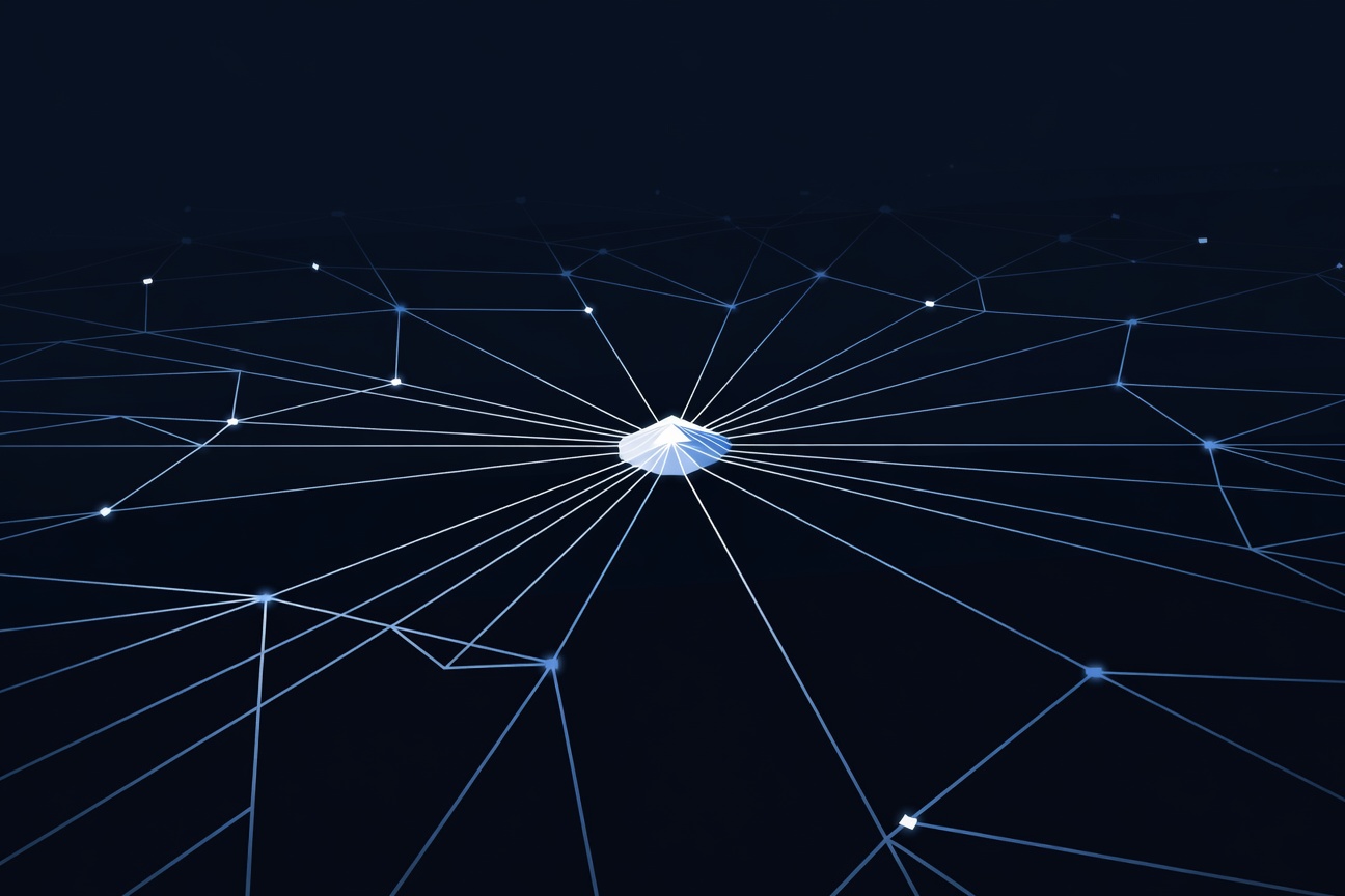 A glowing neural network web stretching across a vast dark digital landscape, with a single central node radiating outward connections