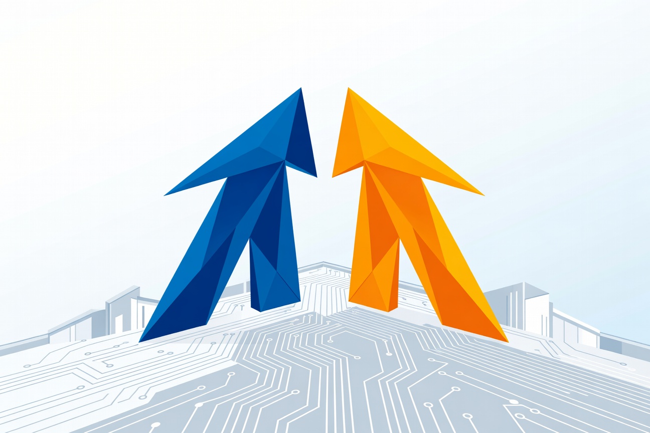 Two abstract geometric forms representing competing AI models, one glowing blue and one amber, rising above a circuit-board landscape