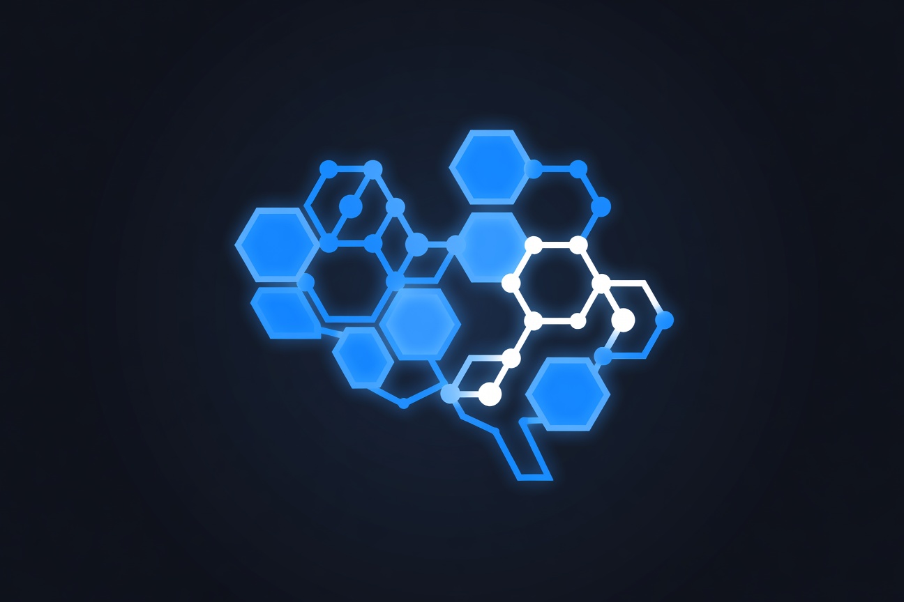 A glowing neural network diagram shaped like interlocking hexagons, suggesting multi-step reasoning chains, on a dark background
