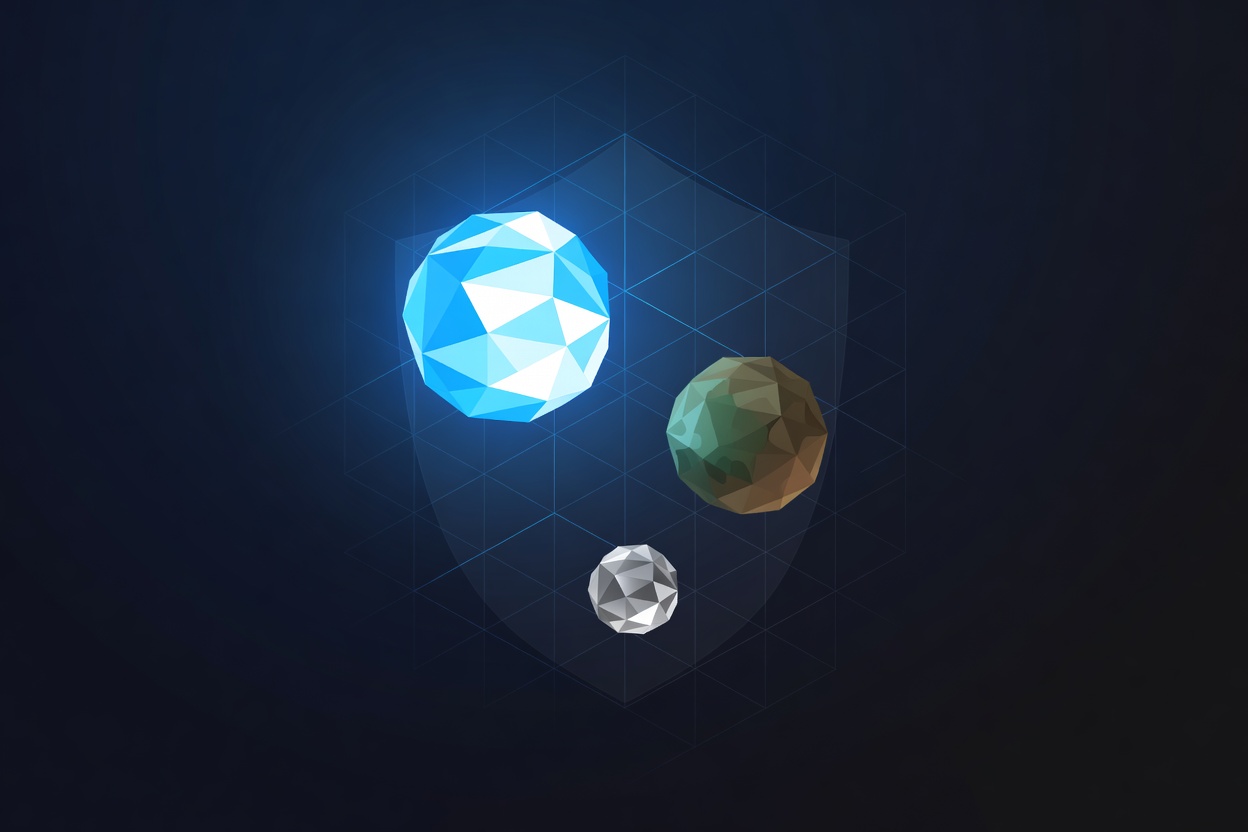 Three geometric orbs labeled Sol, Terra, and Luna floating in a dark digital sky with a subtle government seal watermark