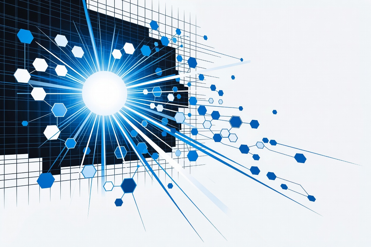 A radiant sun-like sphere bursting through a digital grid, representing the Sol model's breakthrough in AI capability
