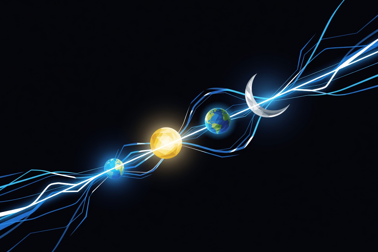 Three glowing celestial spheres — a gold sun (Sol), a blue-green earth (Terra), and a silver moon (Luna) — suspended in a dark cosmic void with abstract data streams flowing between them