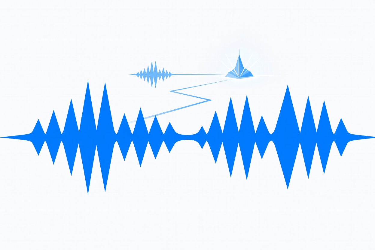 Abstract visualization of two-way audio waveforms flowing between nodes, with a background thread quietly routing complex tasks to a more powerful processing unit