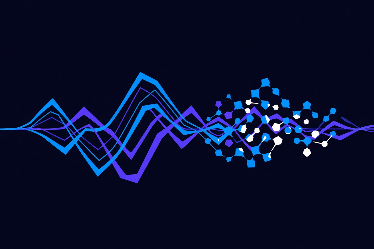 Futuristic abstract sound waves and geometric nodes representing AI voice processing in electric blue and violet