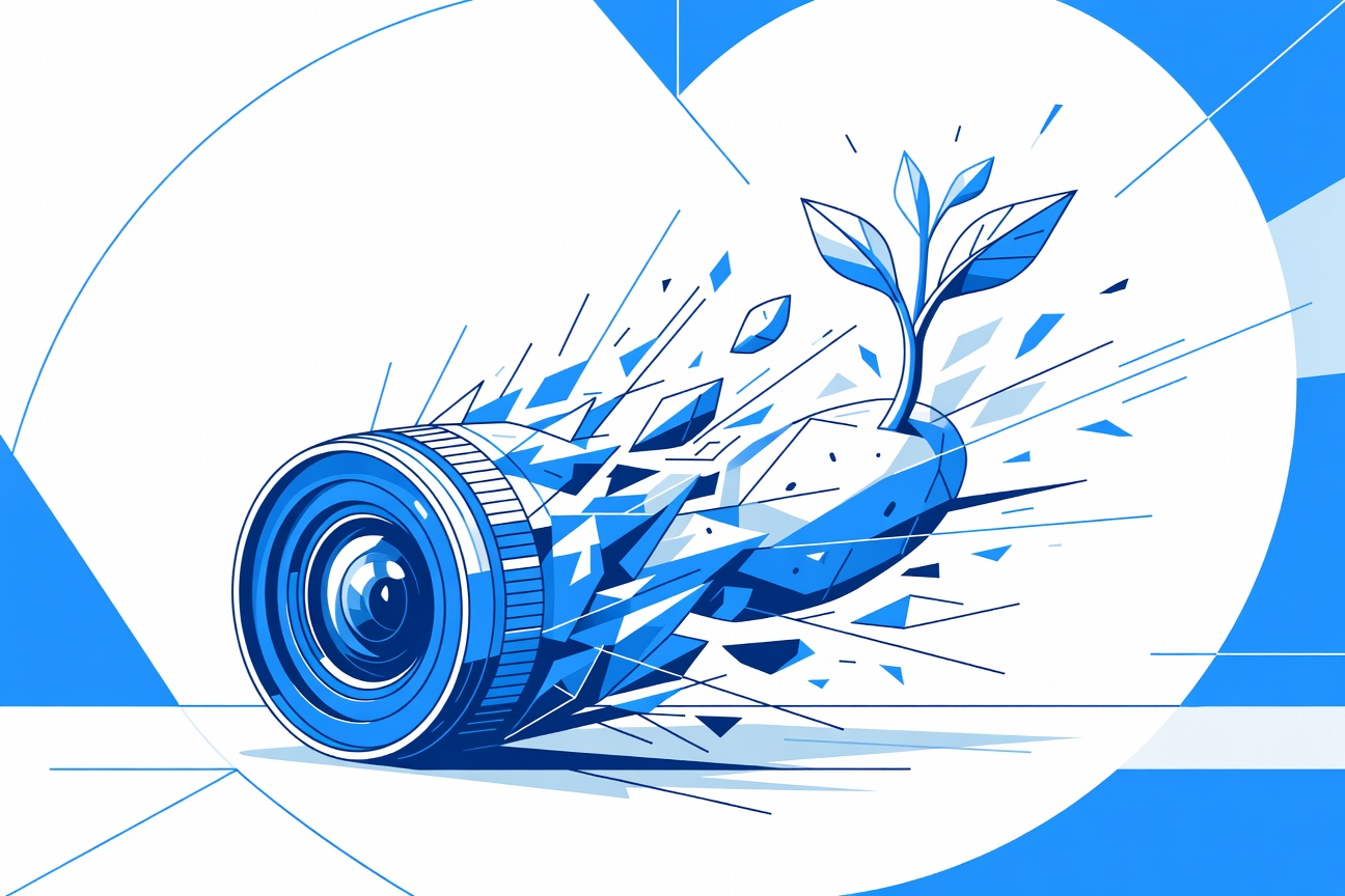 A dead video camera lens dissolving into a bright sprouting seedling — symbolizing Sora's shutdown giving way to the next-generation Spud model