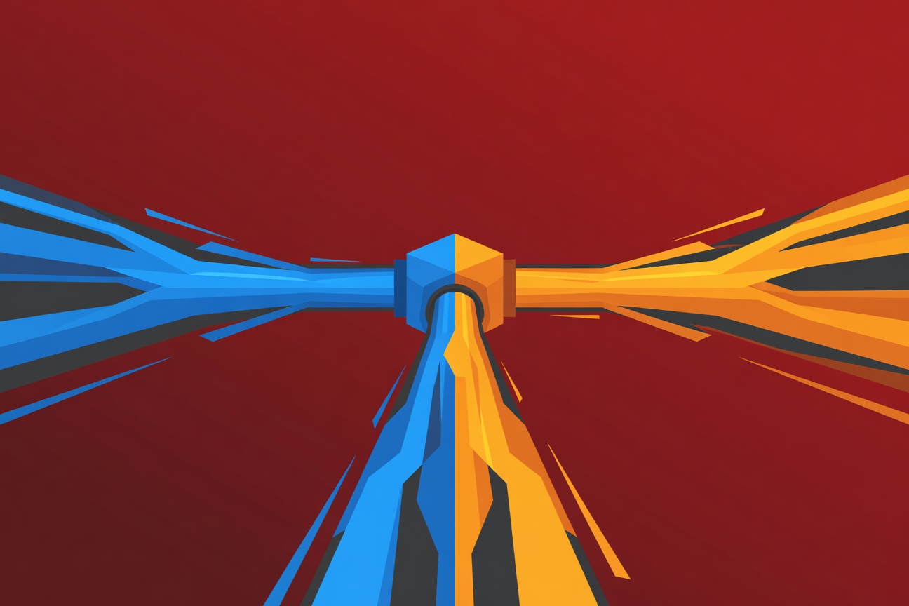 Abstract scene of two data streams merging — one in OpenAI blue, one in AWS orange — flowing together into a single enterprise data pipeline