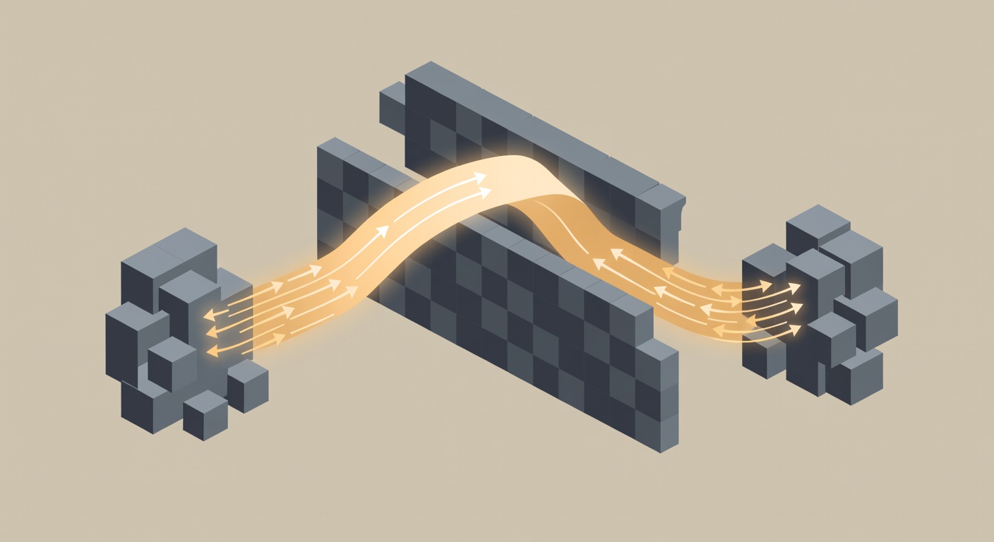 An encrypted tunnel made of glowing circuit traces connecting two secure server nodes through a firewall barrier