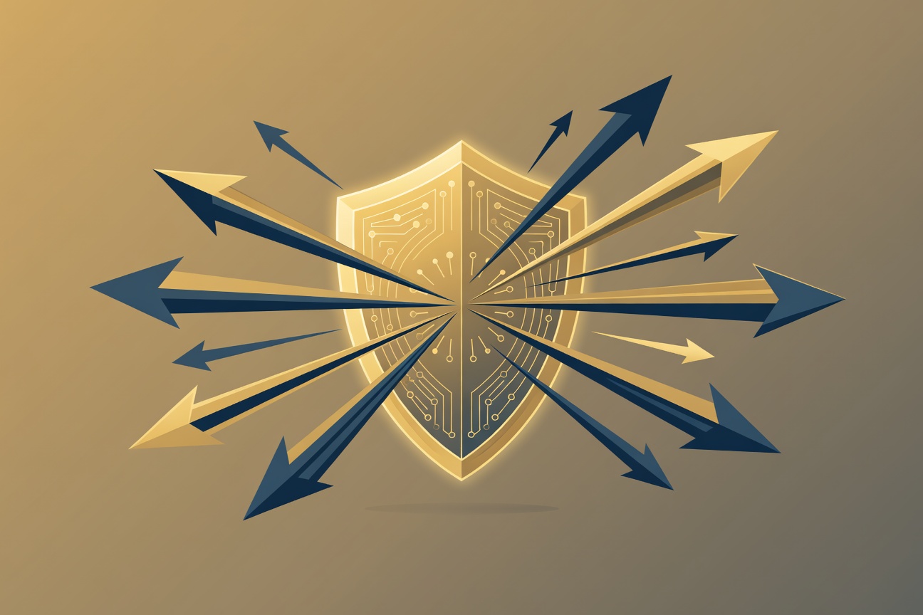 A glowing shield with circuit patterns deflecting abstract attack vectors in deep blue and gold