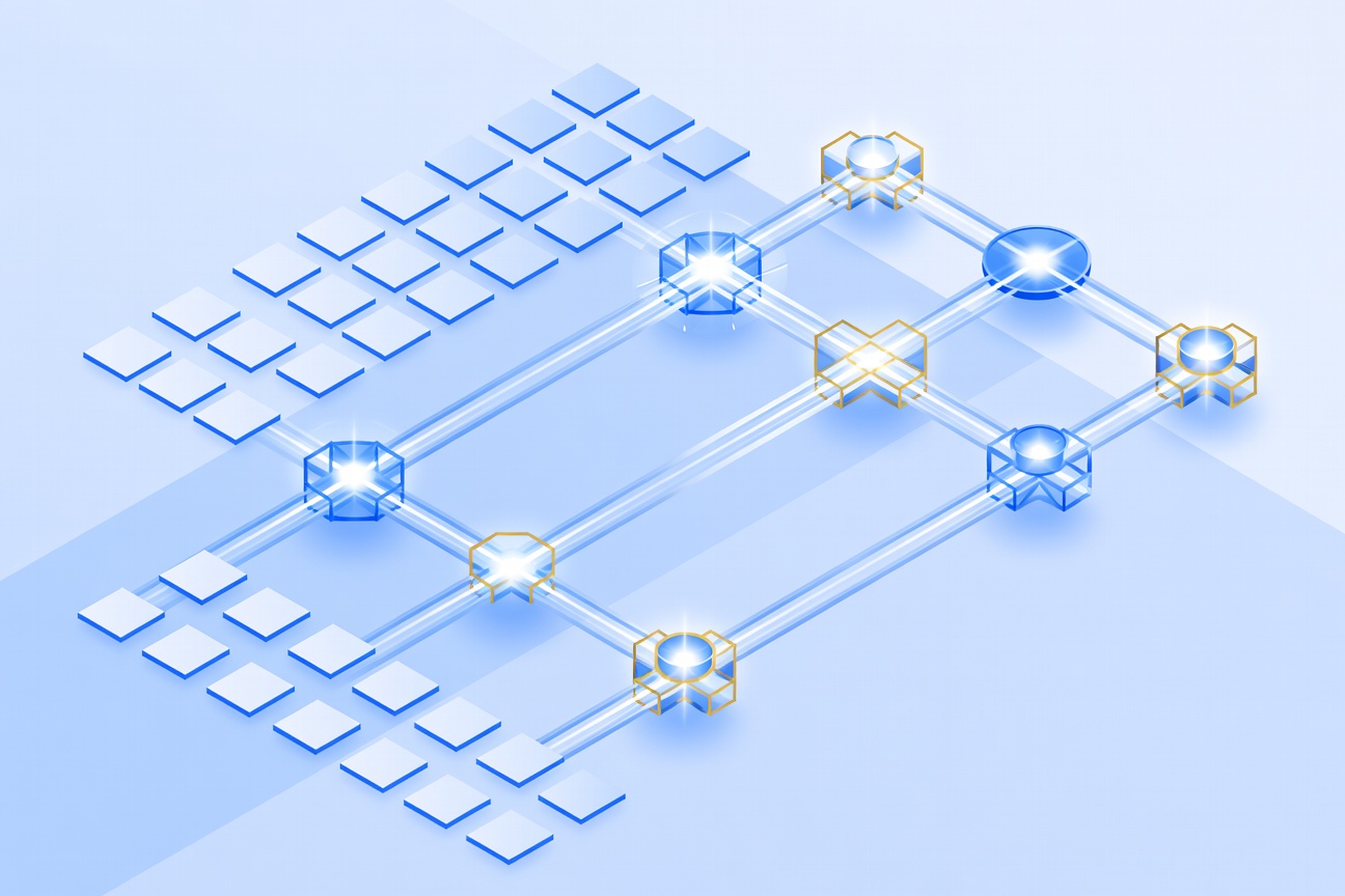 An orchestral conductor's baton directing a grid of glowing code nodes and task cards flowing seamlessly through automated pipelines