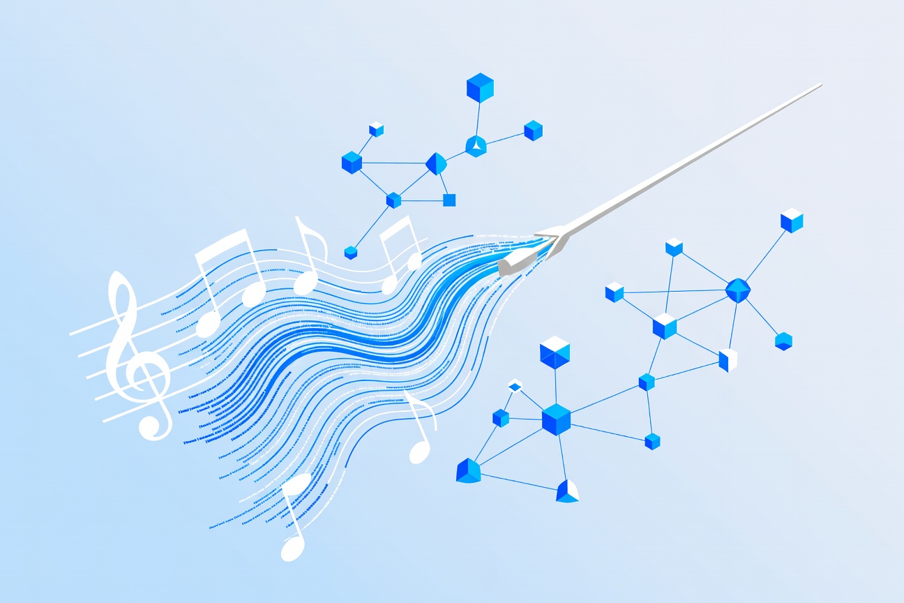 Abstract sheet music morphing into flowing code streams, orchestral conductor baton directing autonomous agent nodes in geometric space