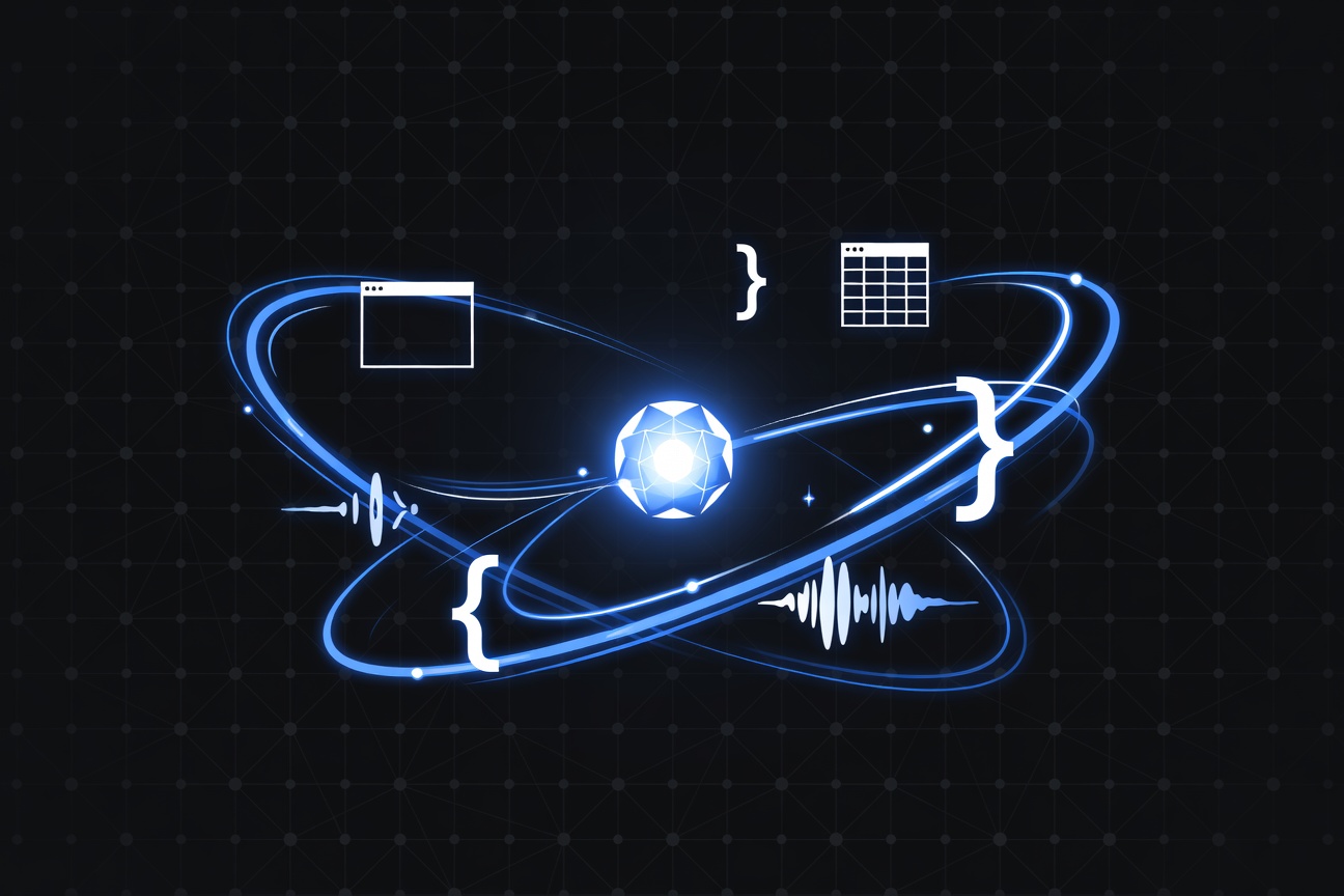 A glowing AI core surrounded by orbiting tool icons — browser, spreadsheet, audio waveform, and code symbols — against a dark neural-network background