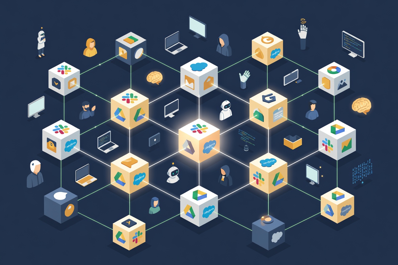 Interconnected glowing cubes arranged in a grid formation, each representing a different app — with light threads connecting them to a central commanding node, on a dark corporate blue background