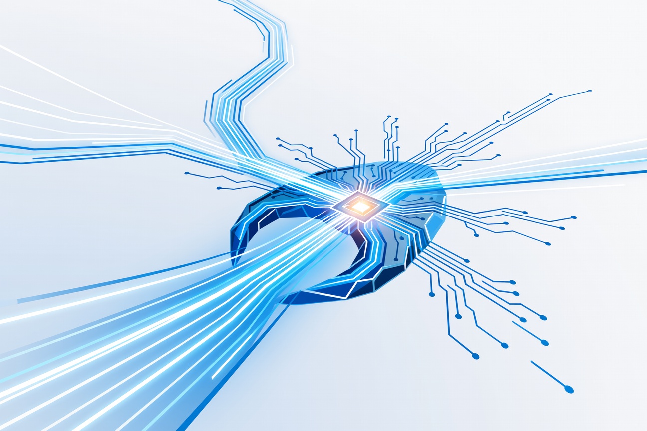 Streams of glowing data flowing into a claw-shaped circuit node, with branching logic paths and a pulsing amber reasoning core