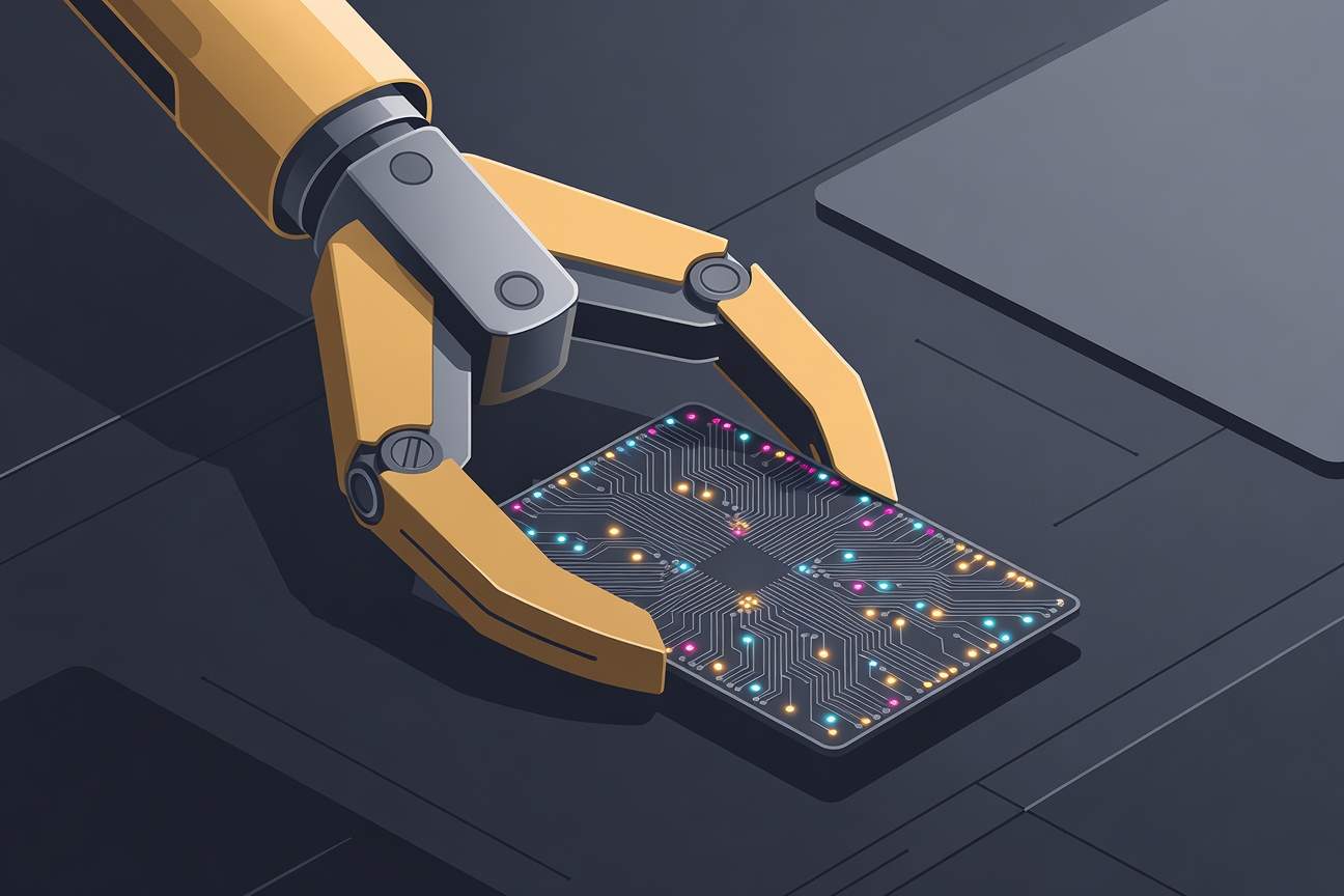 A silver mechanical claw gripping a glowing circuit board with multicolored repair nodes, representing a major software release and bug fix milestone