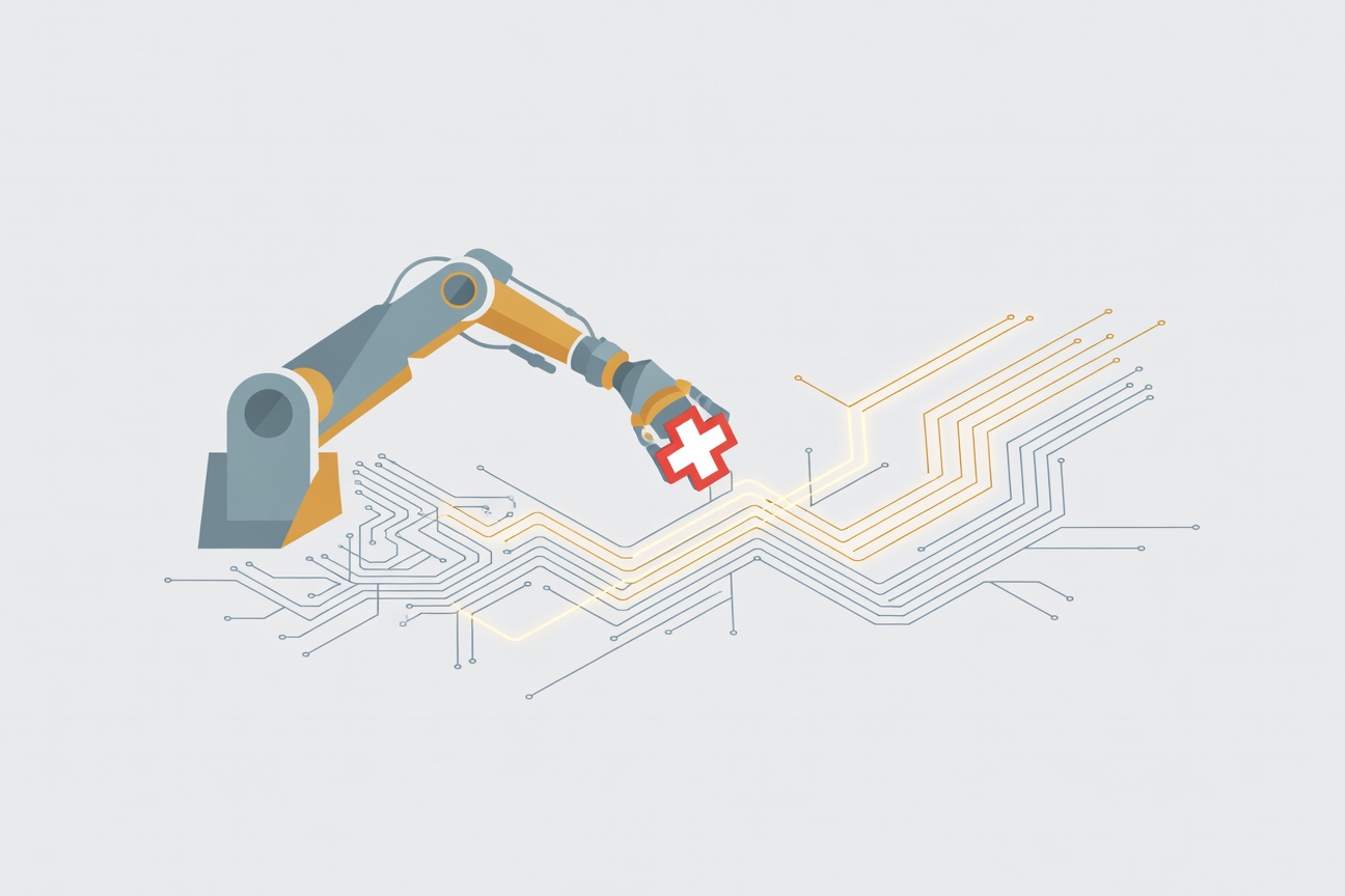 A robotic arm with a medical cross symbol repairing glowing circuit board pathways, clean minimal vector style
