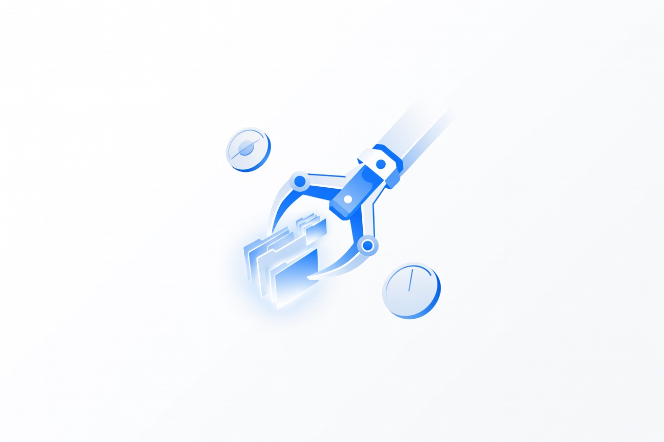 Abstract mechanical claw gripping glowing file packets and control dials representing agent orchestration and file transfer