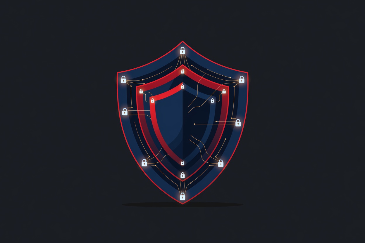 An abstract security vault with layered concentric shields and glowing lock icons, surrounded by geometric data flow lines in deep blue and amber