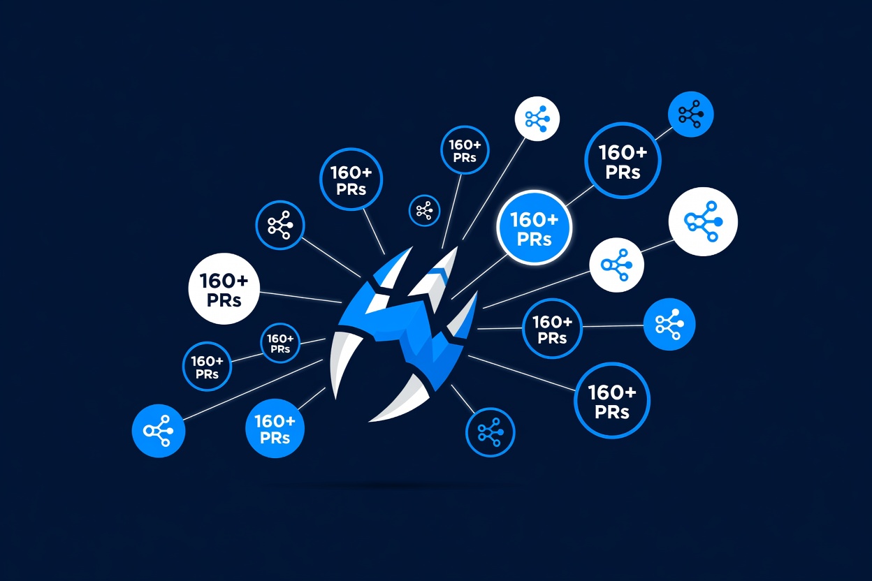 A glowing claw icon surrounded by floating pull request badges and commit nodes in dark blue space